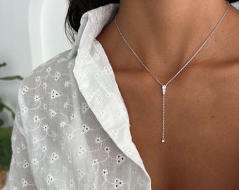 Collar de lazo de plata 925, collar de lazo con solitario de circonita cúbica en forma de Y, collar de lazo con lazo de oro rosa, collar de lazo corto en forma de Y de plata esterlina