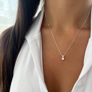 Diamonds Solitaire Necklace, Tiny Sterling Silver 925 Choker Chain with Two Cz Charm Pendant Necklace for Women