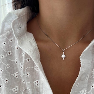 Dainty kite shape Pendant Necklace, Tiny 14k Gold Rhombus Four-Pointed Star Necklace, Silver 925 Sparkling Diamond CZ Charm Necklace