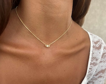 Dainty Evil Eye Necklace, CZ Solitaire Pendant, 14K Gold Plated, Sterling Silver 925, Minimalist Protection Charm, Gift for Women