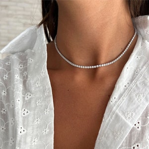 Sterling Silver 925 Tennis Necklace, Tennis Chain Choker Necklace, CZ Tennis Choker, cubic zirconia Tennis Choker, 14k Gold Choker Tennis