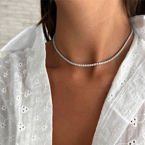 Sterling Silver 925 Tennis Necklace, Tennis Chain Choker Necklace, CZ Tennis Choker, cubic zirconia Tennis Choker, 14k Gold Choker Tennis