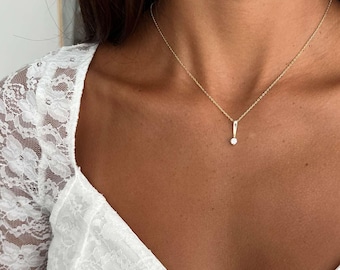 Vertical Bar CZ Choker Necklace, Sterling Silver Drop Pendant