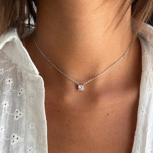 Diamond Solitaire Necklace, Tiny 14k Gold Solitaire Cz Pendant Necklace, Minimalist Silver 925 Solitaire Bezel Choker Charm Necklace