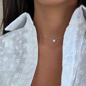 Diamond Solitaire Necklace, Minimalist Sterling Silver 925 Choker CZ Charm Necklace, Tiny 14k Gold Pendant Necklace for Women