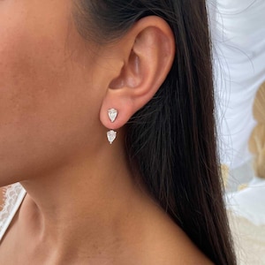 Diamond Ear Jacket Earrings, Sterling Silver Pear Cubic Zirconia Earrings, Teardrop Ear Jacket Earrings, Front Back Crystal Stud Earrings