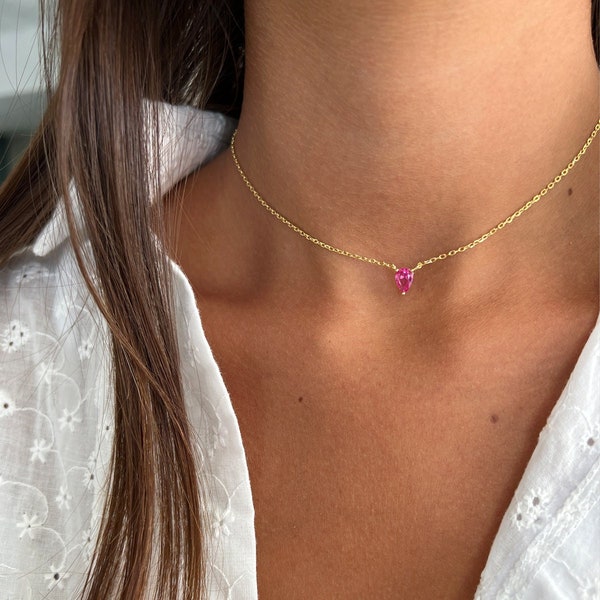 Smaragd Tropfen Choker Halskette, 14k Gold Birne Anhänger, CZ Pink Charm Halskette, Sterling Silber 925 Pink Teardrop Solitär Halskette