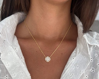 Gold Clover Charm Necklace, Four Leaf Pendant, Dainty 925 Sterling Silver Lucky Necklace