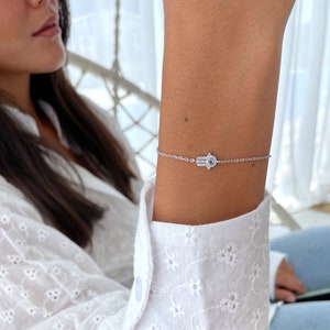 Hamsa Bracelet Silver 925, Hamsa Charm Bracelet Gold, Rose Gold Hamsa Hand Bracelet, Blue Cubic zirconia Bracelet, Hand Of Fatima Bracelet