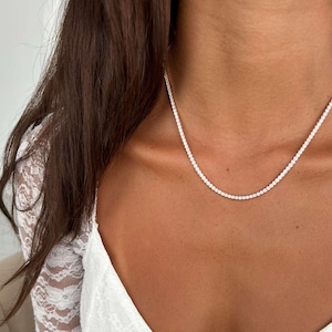 Diamonds Tennis Necklace, Tennis Chain Necklace, Silver 925 2.5 mm Cubic Zirconia Tennis Necklace, 14K Gold Women evening or Prom Necklace