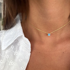Diamond Solitaire Necklace, Minimalist Sterling Silver 925 Choker Aqua Blue CZ Charm Necklace, Tiny 14k Gold Pendant Necklace for Women