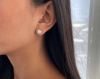 Dainty Bezel Stud Earring, Tiny 14K Gold Stud Bezel Earrings, Minimalist Sterling Silver 925 Diamond Big Solitaire Stud Classic Set Earrings