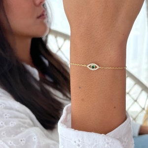 Evil Eye Bracelet Silver 925, Green CZ Charm Evil Eye Bracelet 14k Gold, Good Luck Bracelet, Emerald Green Cubic Zirconia Eye Bracelet