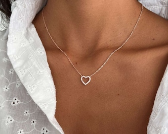 Collar de corazón, collar de corazón con circonitas cúbicas, collar de plata de ley 925, colgante de corazón de oro, collar de corazón pavé, collar delicado