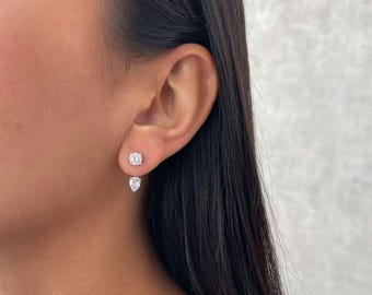 Pendientes Ear Jacket de plata 925, pendientes solitarios delanteros y traseros, delicados pendientes Ear Jacket de lágrima de oro de 14 quilates, pendientes de circonita cúbica con corte de pera para mujer