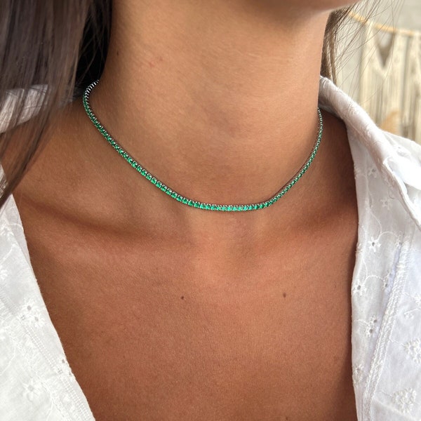 Sterling Silver 925 Tennis Necklace, emerald Green Tennis Choker, 2.5mm CZ Tennis Choker, Green Cubic zirconia Tennis Choker, Silver Choker