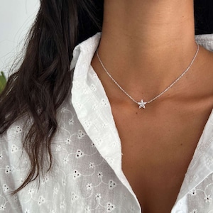 Dainty Minimalist Flower Necklace, Tiny 14k Gold Flowers Necklace, Sterling Silver 925 Charm Choker Necklace, CZ  Marquise Pendant Necklace
