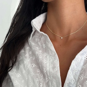 Diamond Solitaire Choker Necklace, 14k Gold Chain Cubic zirconia Charm, Sterling Silver 925 Minimalist 3mm CZ Charm Pendant Necklace