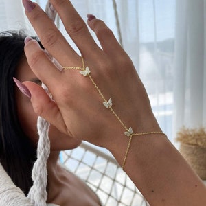 Pulseira de mão de prata 925, pulseira de dedo de borboleta, pulseira de mão de prata esterlina, anel de pulseira de escravo, pulseira de corrente de mão de ouro rosa