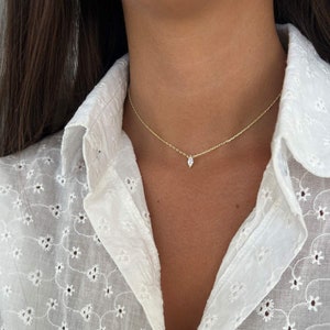 Marquise Solitaire Necklace Silver 925, 14k Gold Marquise Pendant Necklace, 925 Sterling Silver Necklace, CZ Marquise-Cut Choker Necklace