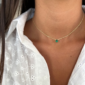 Diamond Solitaire Necklace, Minimalist Sterling Silver 925 Choker Emerald Green CZ Pendant Necklace, 14k Gold Charm Necklace for Women