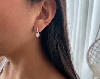 Halo Drop Stud Earrings Sterling Silver 925, CZ Solitaire Dangle Studs Earring for Women