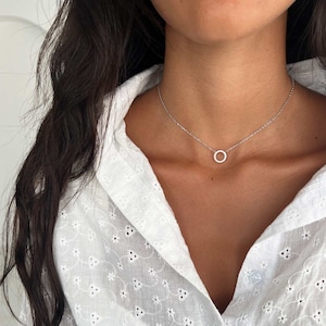 Diamond hoop Pendant Necklace, Sterling Silver 925 Pave Disc CZ Round Charm Necklace, Minimalist Gold Chain Cubic Zirconia Choker Necklace