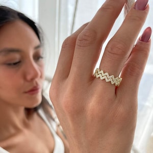 Zigzag CZ ring, 925 sterling silver or rose gold, minimalist double band trendy jewelry