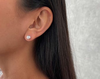 Bezel Set Solitaire Stud Earrings, tiny 925 sterling silver or 14k gold bezel CZ studs, minimalist round earring for women