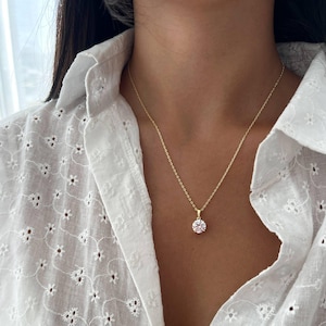 Diamond Pendant Necklace, Delicate 925 Sterling Silver Sparkling Solitaire Charm Necklace,  14k Gold Big CZ Wedding Necklace, Her Gift
