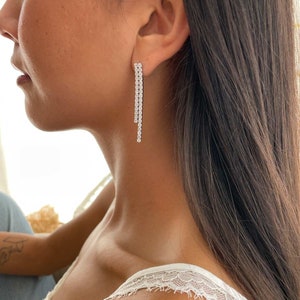 Silver 925 Tennis Earrings, Double Tennis Falling Earrings, 14k Gold over Sterling Silver Drop Earring, CZ Long Earrings, Eavning Earring