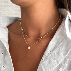 Colar duplo com pérola de água doce, ouro 14k sobre prata esterlina 925, colar de corrente dupla com pingente de pérola, colar em camadas