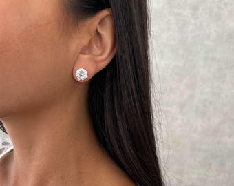 Round Solitaire Stud Earrings Sterling Silver 925, CZ Diamond Bezel Stud Earrings for Women