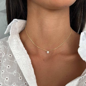 Diamond Solitaire Choker Necklace, Sterling Silver 925 CZ Solitaire Charm Pendant Necklace,  Tiny Cubic Zirconia Solitaire Women Necklace