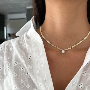 Gold Link Necklace, Sterling Silver 925 CZ Solitaire Necklace, Cubic Zirconia Solitaire Charm Pendant Necklace, Link Chain Choker Necklace