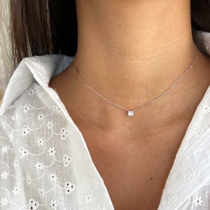 Diamond Solitaire Choker Necklace, 14k Gold or Rose over Sterling Silver 925 with Cubic zirconia, 5mm CZ Charm Pendant, Minimalist Necklace