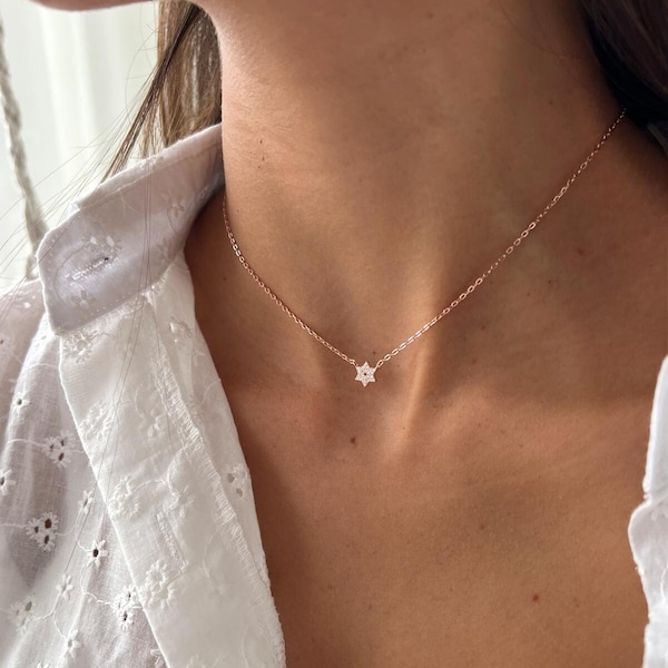 Tiny Star of David Necklace, Silver 925 Magen David Jewish Star Charm Necklace, Rose Gold David Star cubic zirconia pendant choker necklace