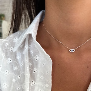 Silver 925 Evil Eye Necklace, Blue Third Eye Pendant Necklace, Minimalist Evil Eye CZ Charm Necklace,Dainty Choker Necklace for Women