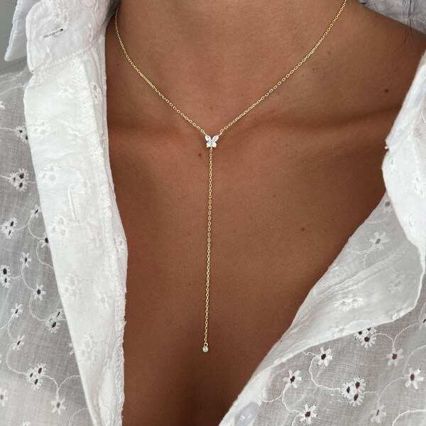 Silver 925 Lariat Necklace, CZ Solitaire Lariat Y drop Necklace, Rose Gold Tie Necklace, Sterling Silver Y Lariat Long butterfly Necklace