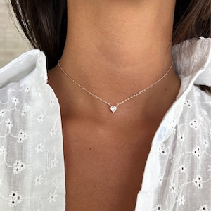 Colar gargantilha de coração de prata 925, colar gargantilha com pingente de coração CZ, colar com pingente de coração CZ de ouro 14k, presente para mulheres