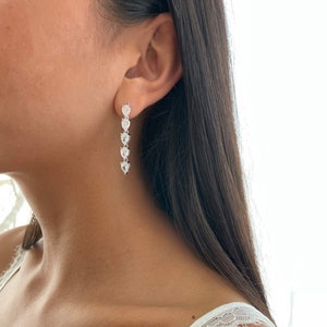 Silver 925 Tennis Earring, Teardrop Falling Earring, 14k Gold Drop Earrings, Tennis Long Earrings, Pear cut CZ Eavning Earrings for women