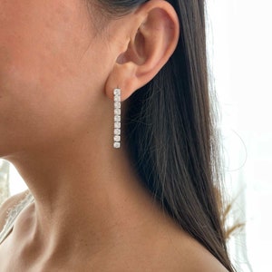 14k Gold Tennis Falling Earrings, Silver 925 Drop Earring, Triple lines CZ Long Earrings, Eavning Earrings, Wedding Earrings for Women
