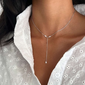 Delicate 14k Gold Lariat Necklace,  Falling Freshwater Pearl Necklace, Minimalist Sterling Silver 925 Y Long Pearls Chain Necklace for Women