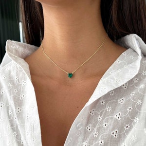 Smaragd Choker Halskette, kleiner Smaragd Herz Anhänger 14k Gold, Grün Smaragd Herz Anhänger Halskette, Sterling Silber 925 Solitär Halskette