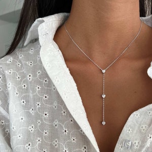 Silber 925 Lariat Halskette, Rosegold Herzen Solitaire Y Tropfen Halskette, Zirkonia Tie Halskette, CZ Y Lariat Lange Herz-Halskette