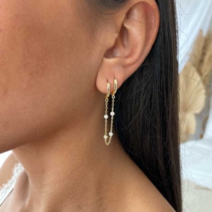 Silver Double Hoop Earring, Trendy Connected Chain Earring, Gold Double Hoops earring, Drop Chain Threader Earring, Gift For Her, one piece