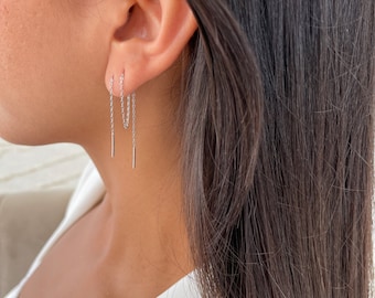 Double Chain Threader Earrings Sterling Silver 925, Long Pull Through Bar Earring set