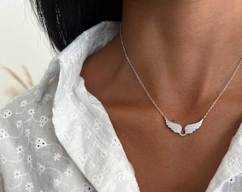 Angel Wings Pendant Necklace | 925 Sterling Silver Jewelry for Women | Gold or Rose Gold Plated | Dainty Layering Necklace | Gift for Her