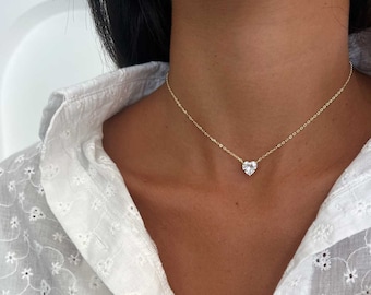 Heart Pendant Necklace, 14k Gold over 925 Sterling Silver, CZ Solitaire Charm, Gift for Her