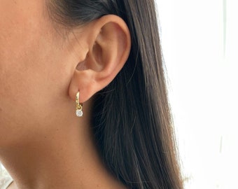 Rose Gold CZ Huggie Earrings, Tiny Solitaire Drop Hoops, Dainty Dangle Earrings